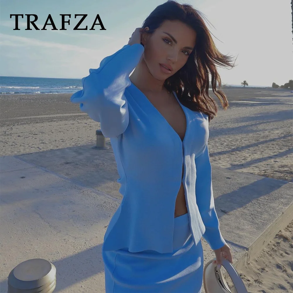 TRAFZA 2025 Spring Summer Sexy Solid Knitted Women Suits Fashion Nightclub V Neck Single Breasted Shirts+Chic Mini Pencil Skirts 2