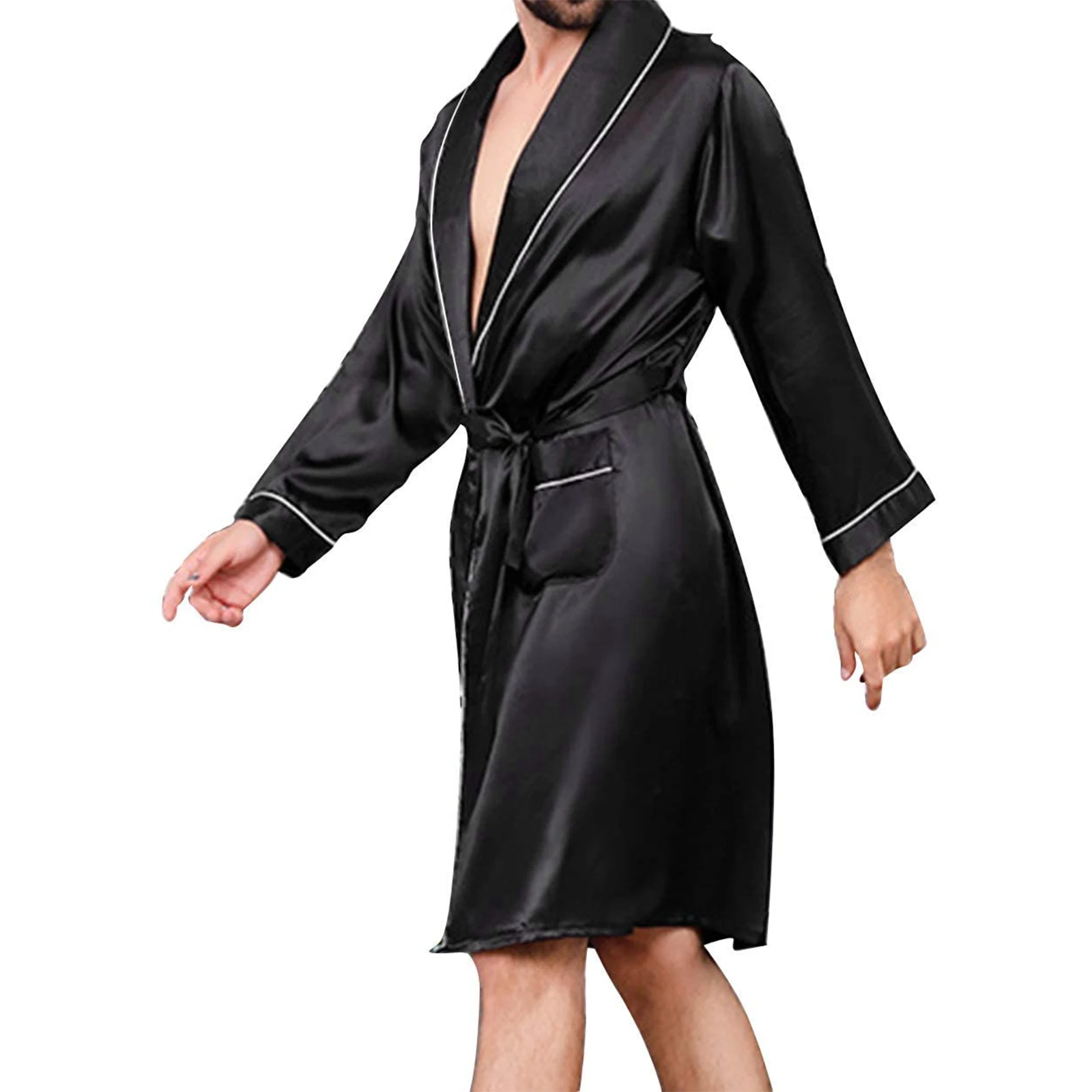Men Satin Bathrobe with Belt Adults Contrast Color Long Sleeve V-neck Night Robe with Pockets S/M/L/XL satin couple robes