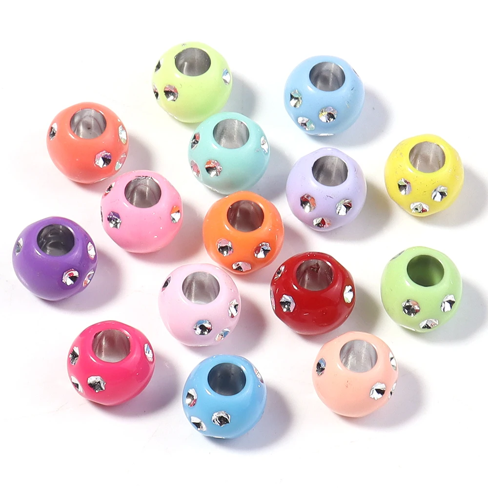 100 Stück 9 mm Strass-Acrylperlen, glänzend, gemischte Farben, großes Loch, runde lose Perlen für die Schmuckherstellung, DIY-Armbänder, Kopfbedeckungen, Dekor – Detail 6