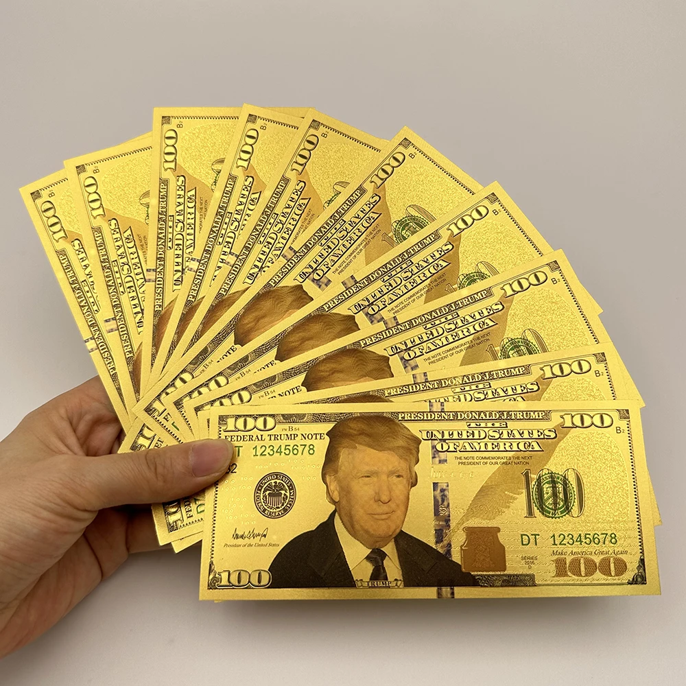 Gold plated banknote,commemorative banknotes Golden Trump US President Dollars 100 Bills 10PCS Gold Plated Card In God We Trust Commemorative Banknotes