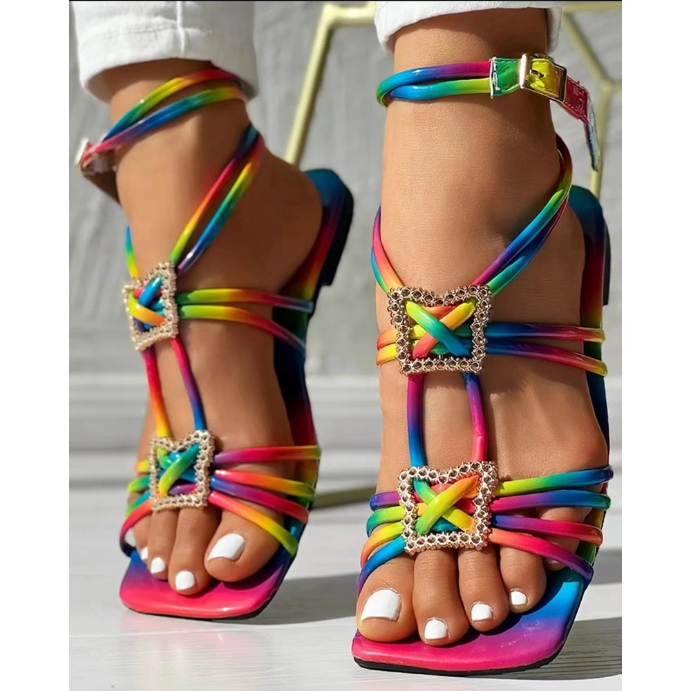 Women Geometric Pattern Multi-strap New In Sandals Outdoor Summer Lady Fashion Square Toe Multicolour Going Out Summer Shoes