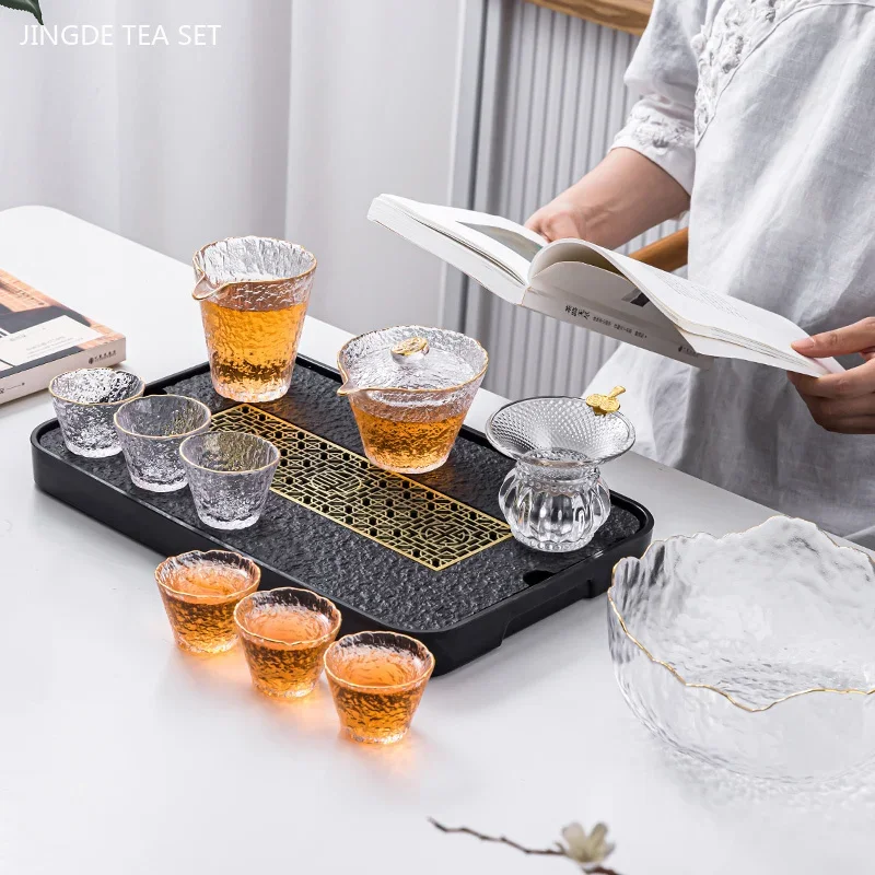 Light Luxury Glass Tea Set Home Gaiwan and Teacup Suit Office High-end Puer Tea Infuser Heat-Resistant Teaware Tea Cup  Sets