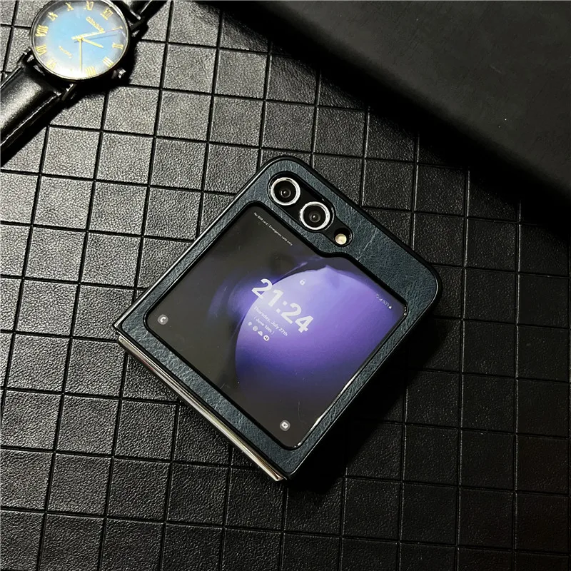 Pu Leather Phone Case For Samsung Galaxy Z Flip 5 5G Solid Color Small Screen Tempered Film Protective Shell Flip5 Cover