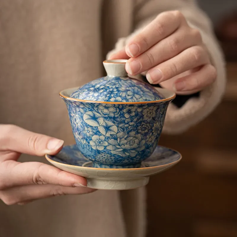 130ml Chinese Antique Ru Kiln Flowers Tea Tureen Covered Bowl Ceramic Gaiwan Teacup Household Tea Separator Travel Teaware