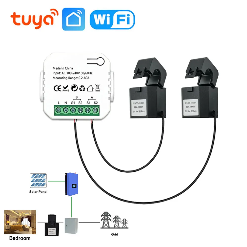 Tuya Wifi Intelligent Energy Meter Solar PV System Power Production Consumption Bidirectional Monitoring Meter APP Control 1/2CT