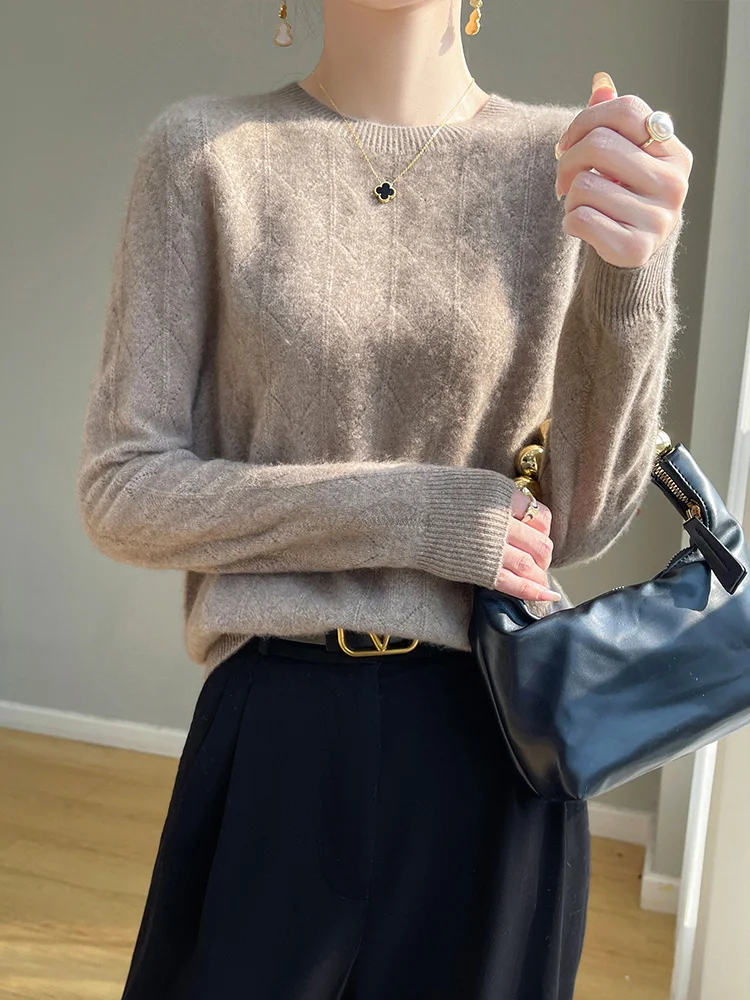 

100% Merino Wool Spring Autumn Women Pullover O-neck Long Sleeve Sweater Hollow Out Soft Knitwear Korean Fashion Female Clothing