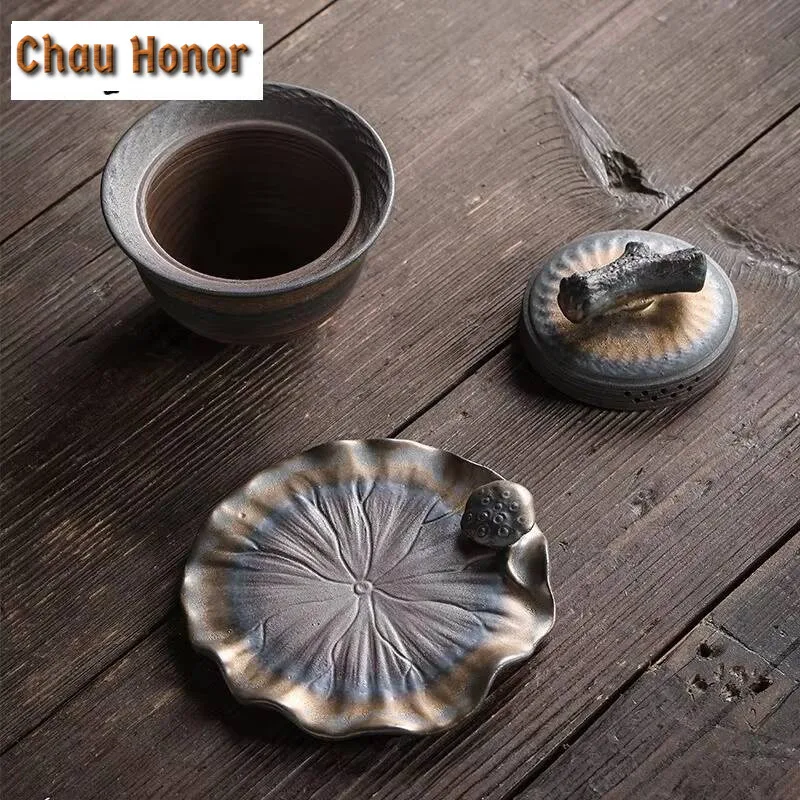 Vintage Rust Glaze Lotus Ceramic Gaiwan Retro Tea Tureen Tea Bowl with Lid Kit Tea Making Cover Bowl Drinkware Accessories Gift