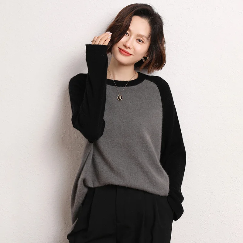 

Contrast Color, Patchwork, 2023 New 100% Pure Cashmere Sweater Women's Round Neck Loose Mid Length Top Pullover Cashmere Sweater