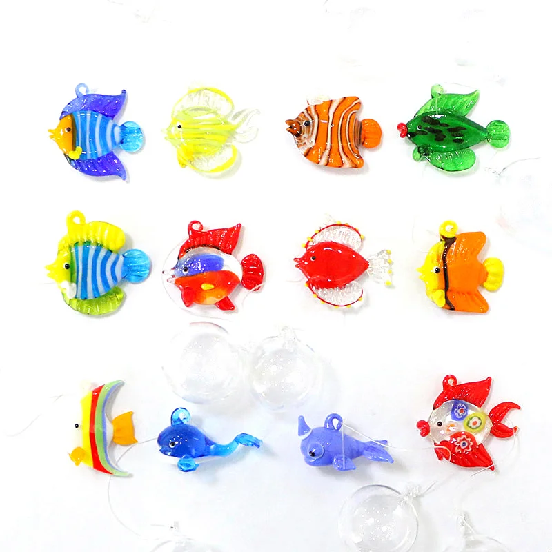 

Custom Hand Blown Floating Glass Stripe Tropical Fish Figurine Aquarium Decoration Pendant Miniature Murano Glass Animal Statues