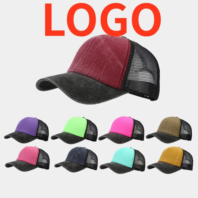 ins new baseball cap male spring and summer european and american fashion washed hole denim cap outdoor leisure sun hat Custom Logo New Washed Old Truck Driver Hat for Men and Women Spring Summer Outdoor Breathable Mesh Cap