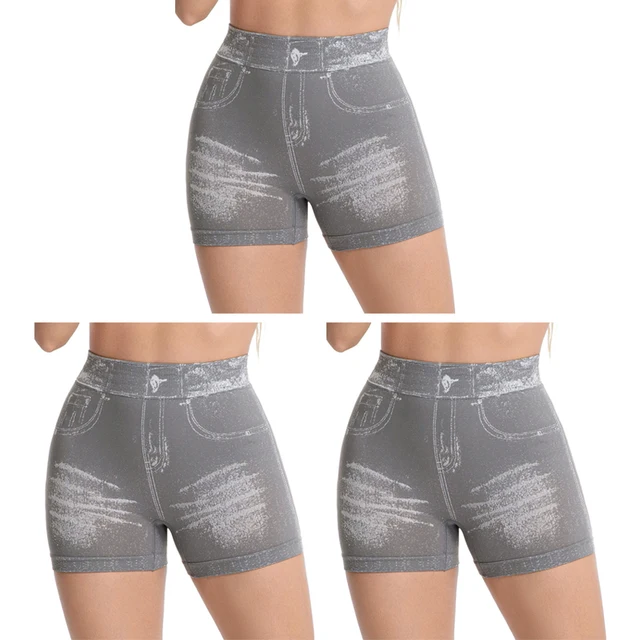 Lot de 3 shorts en jean imitation pour femme, pour fitness, course, sport, gym, entraînement, avec effet froncé aux fesses, leggings de yoga sans couture, culottes gainantes