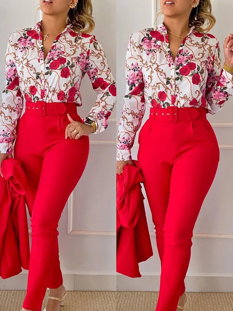 Spring Autumn Fashion Print 2 Piece Sets 2023 Women Casual Button Long Sleeve Shirt Pants Suits Female V-Neck Top Pants Outifits