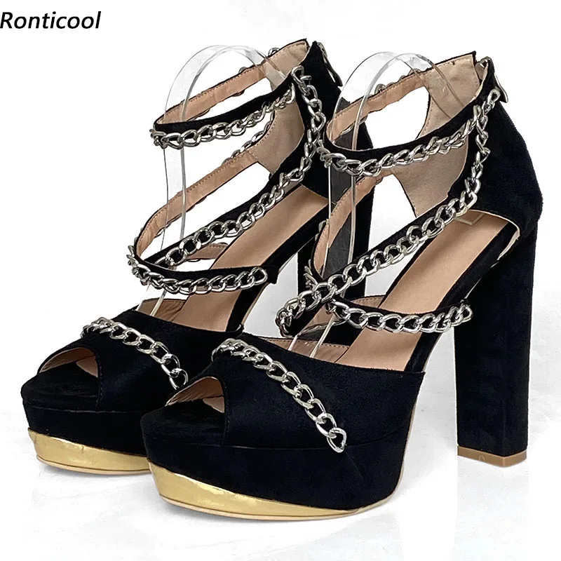 

Ronticool Handmade Women Platform Sandals Gold Chain Chunky Heels Peep Toe Classic Black Night Club Shoes US Plus Size 35-52