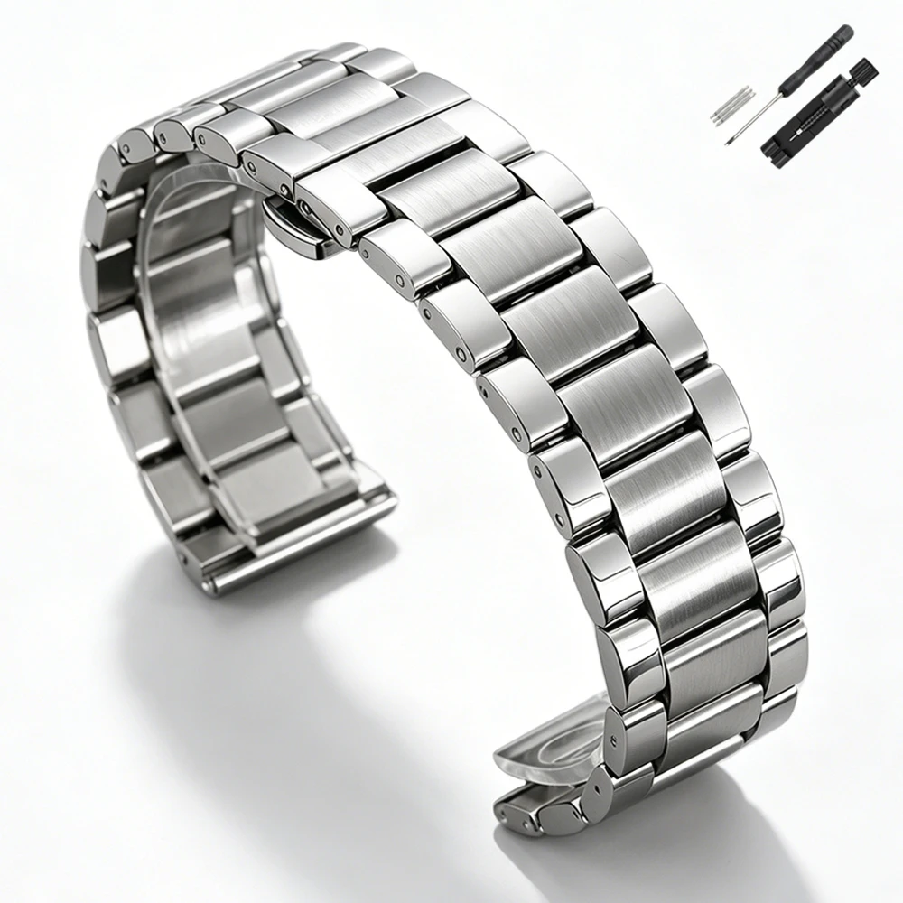 Elegant Stainless Steel Watch Band with Butterfly Clasp - Universal Fit Wrist Bracelet