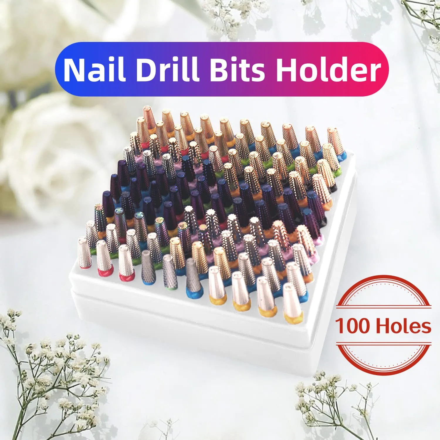 

Nail Drill Bit Holder Efile Nail Bits Displayer Organizer Container Dustproof Portable Organizer Storage Box for 100 Holes