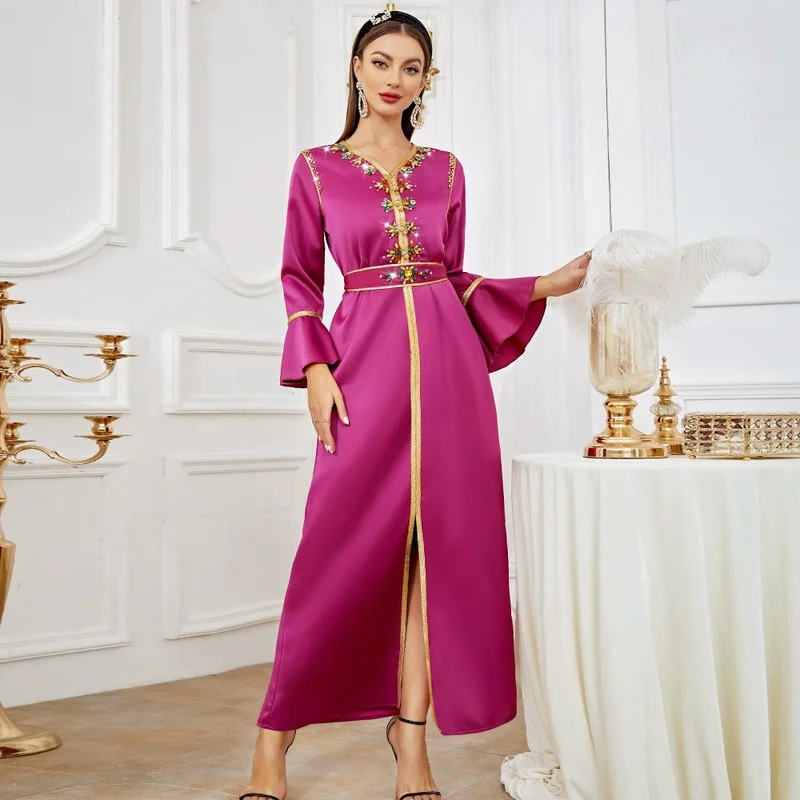 2023 Islam Abayat Ruffle Cuff Belt Abayas for Women Dubai Turkey Modest Kaftan Diamond Dress Muslim Fashion Ramadan Abaya Femme