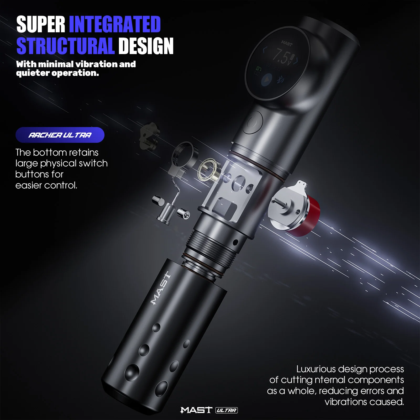 Mast Tattoo Archer Ultra Wireless Tattoo Machine 4.5mm Stroke Smart Control 2300mAh Battery Ultra-Quiet Mcore Motor for Artists