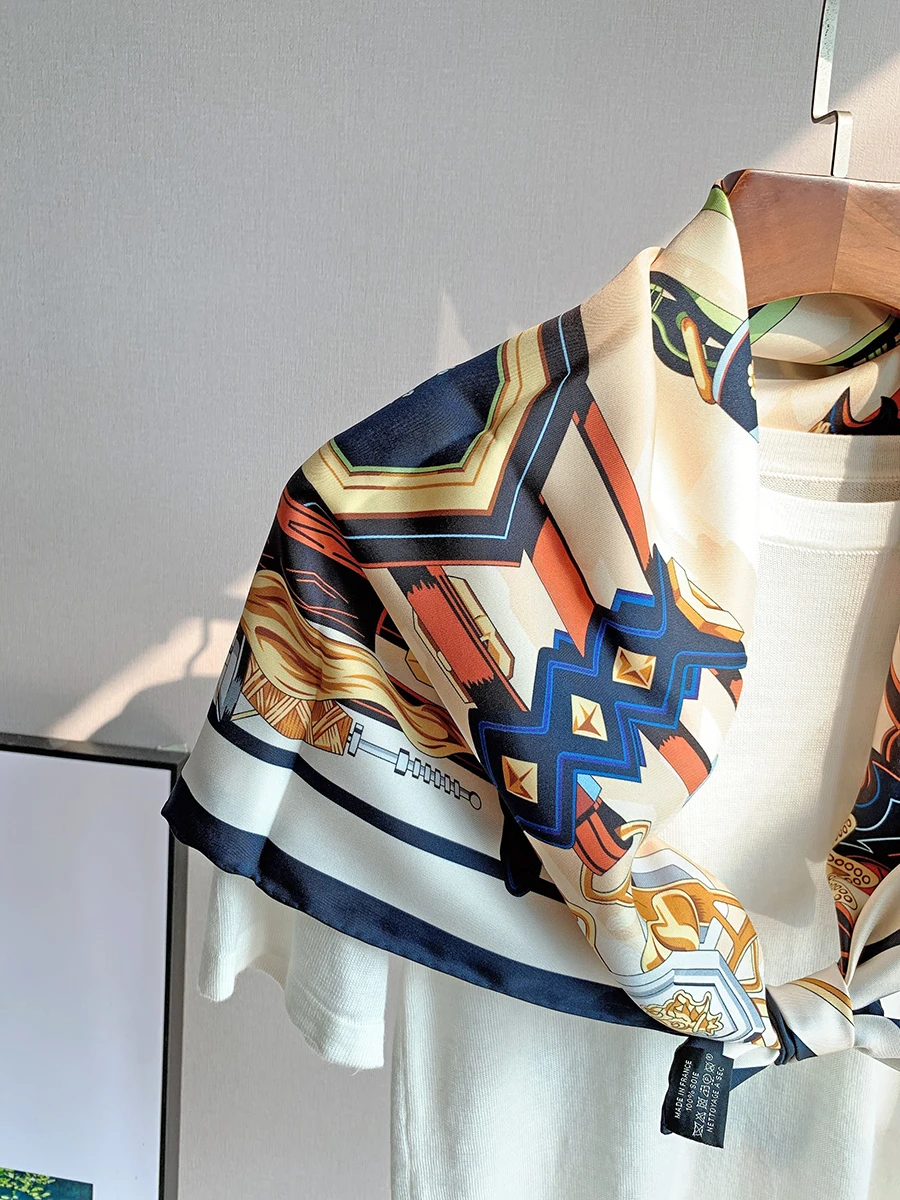 Scarf Luxury Brand 90x90cm Double Sided Printing Silk 100 Neckerchiefs Woman Hair Turban Headband For Girl