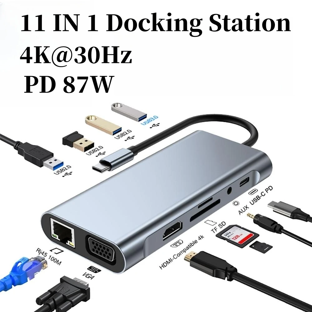 

Док-станция для ноутбука 11 в 1 с портами USB 3,0 типа c на 4K HDMI VGA PD RJ45 100 м