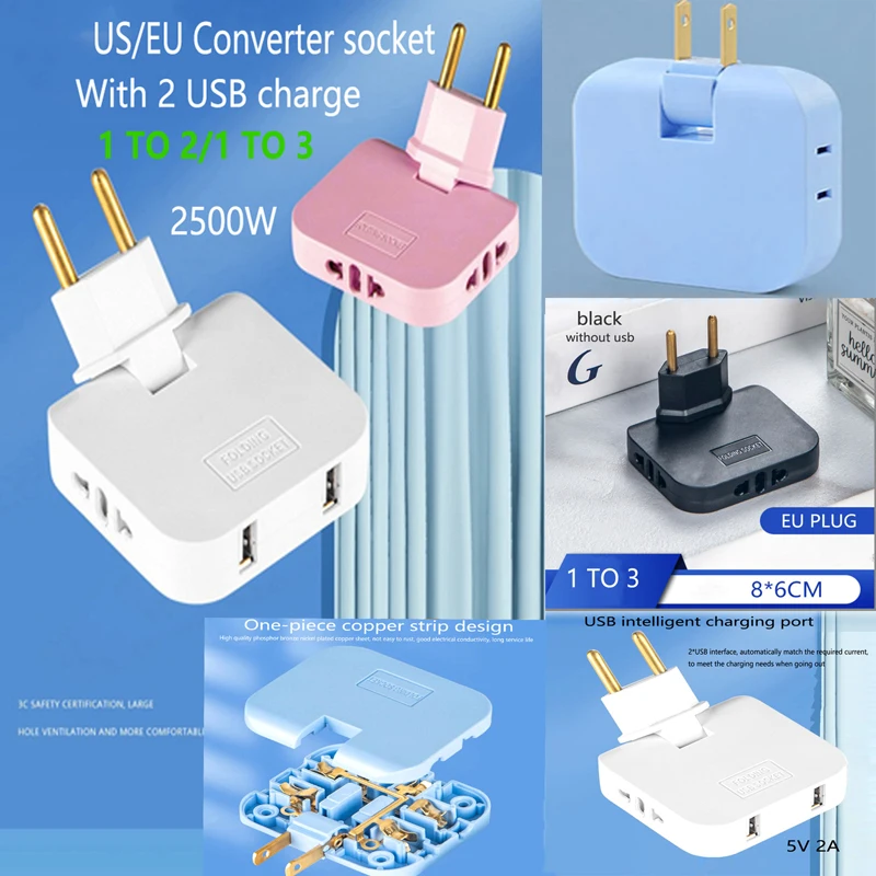 

2 USB Rotate US Plug EU Converter 1 In 3 Extension Plug 180 Degree Multi plug Mini Slim Wireless Outlet Adapter Light Convenient