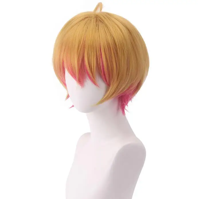 Men Synthetic Wig Short Straight Blonde Pink Anime Cosplay Fluffy Hair Heat Resistant Wig for Daily Party