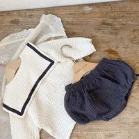 Nouveau-né bébé filles garçons automne manches longues col bleu marine haut t-shirts solide bas de pain infantile enfants pur coton vêtements ensemble 2 pièces 6