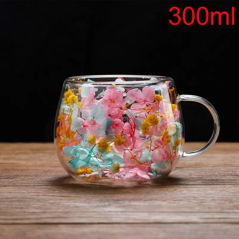 Elegant Double-Layer Glass Cup with Dried Flower Embellishment, Heat-Resistant