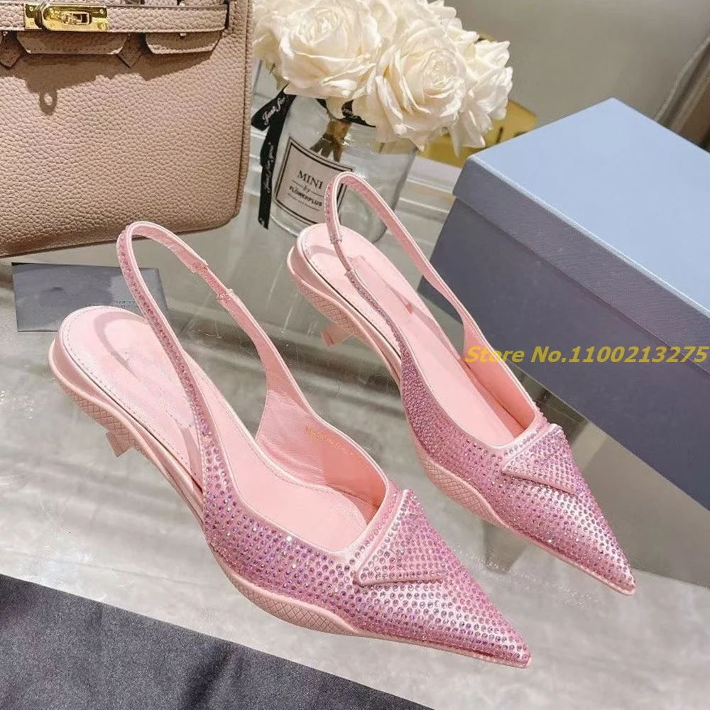 

Crystal Back Strap Pumps Kitten Heel Sexy Pointy Toe Slip On Slingback Fashion Ladies Shoes Studded 2022 Shoes Inverted Triangle