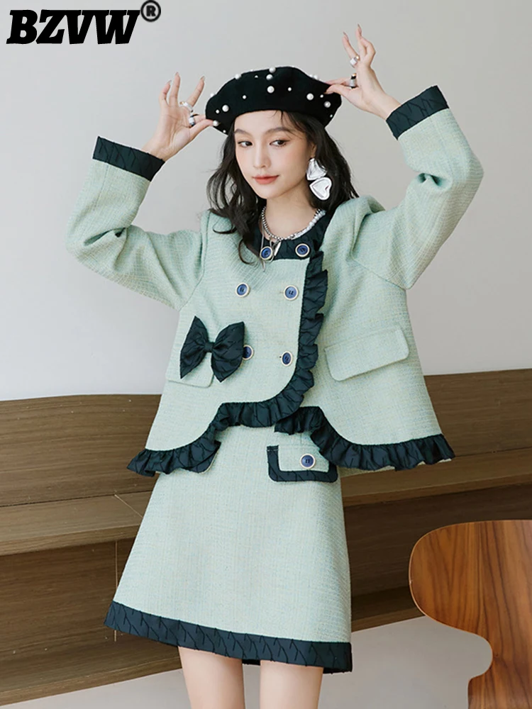 

BZVW Patchwork Ruffles Double Breasted Coat Skirt Set Women's 2023 Spring Autumn New Trend Temperament Skirts 2 Pieces Female