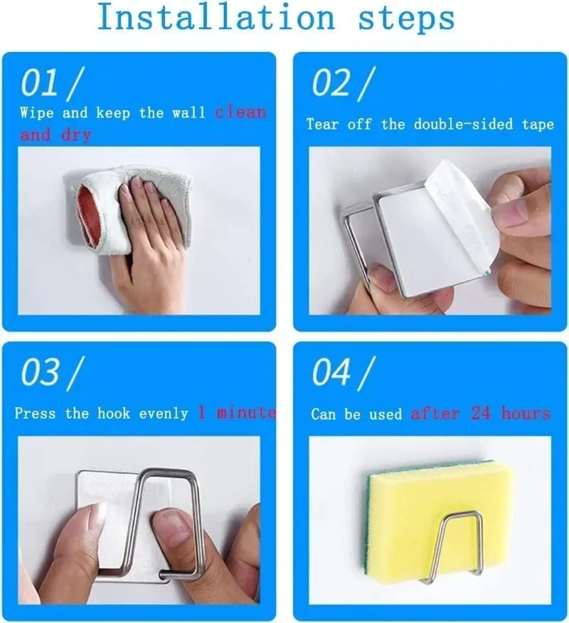 1/10pcs Kitchen Stainless Steel Sink Sponges Holder Self Adhesive Drain Drying Rack Shelf Household Wall Hooks Storage Organizer 5