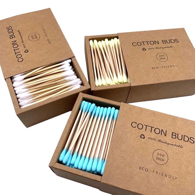 Bastoncillos de algodón de bambú de doble cabezal para adultos, varillas de madera para la limpieza de nariz y orejas, 200 unidades