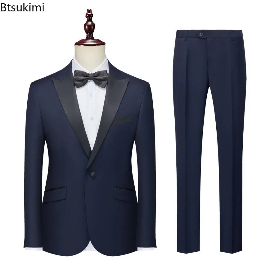Men's British Style Slim Suits 2PCS Sets Blazers Jacket and Pants Male Business Gentleman Dress Suits Wedding Host Costumes