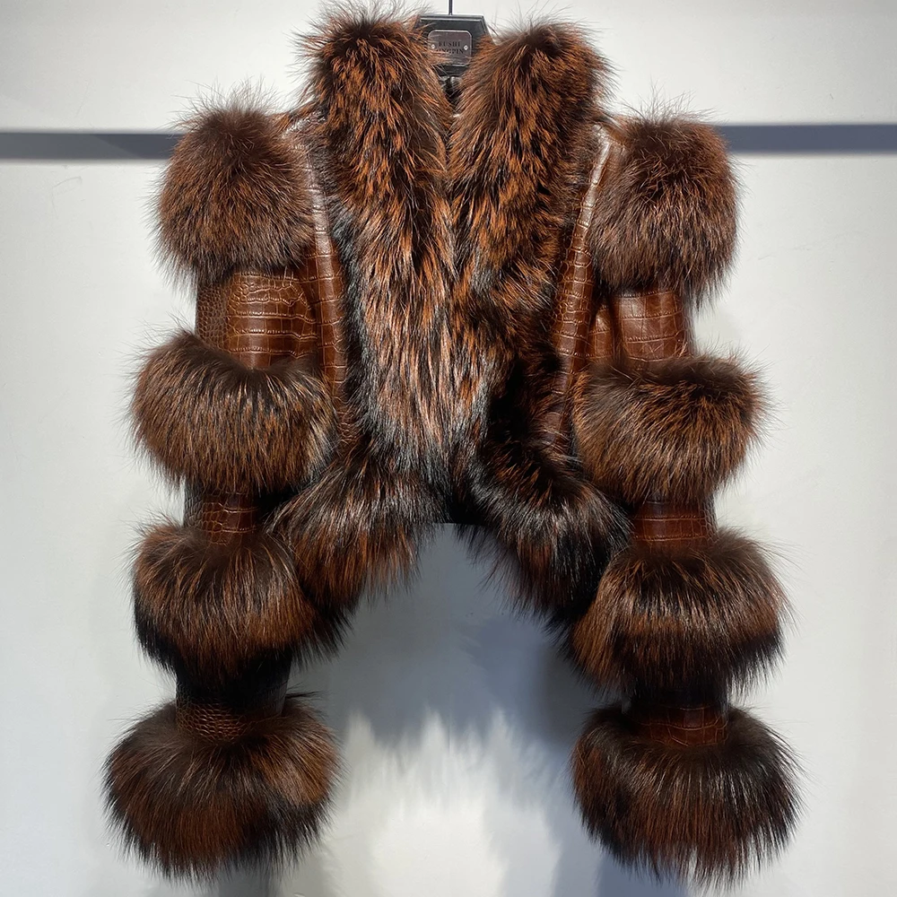 YOLOAgain Women's Natural Fox Fur Jacket Real Leather Cropped Jacket Streetwear
