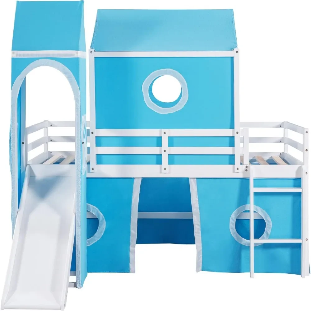 Low Loft Bed with Tent and Slide, Solid Wood Loft Frame with Safety Guardrails and Ladder for Kids Bedroom,Easy Assembly 5