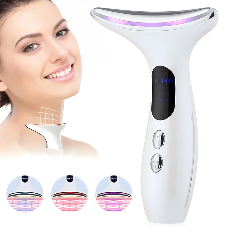 Neck Face Beauty Device LED 3 Colors Photon Therapy Skin Face Lifting Anti Wrinkle Whitening Eye Ice Hot Neck Facial Massager