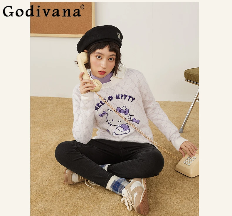 

Autumn New Fashion Cartoon Jacquard Knitted Sweater Girly Sweet Cute Slim-Fit Pullovers Women Long Sleeve Tops Y2k Clothes
