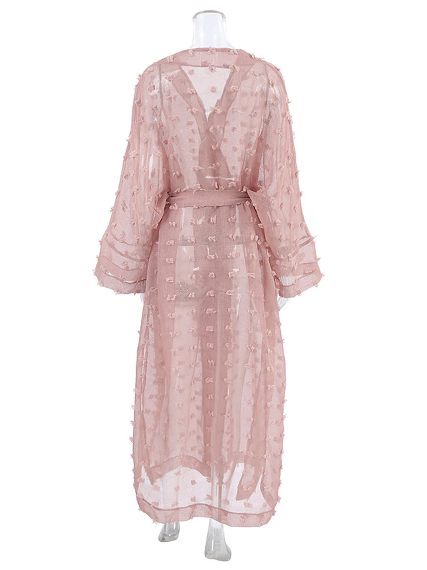 Marthaqiqi Fashion Mesh Femme Robe Sexy V-Neck Pajama Long Sleeve Nightie Lace Up Bathrobe Ankle-Length Dress Home Clothes Women