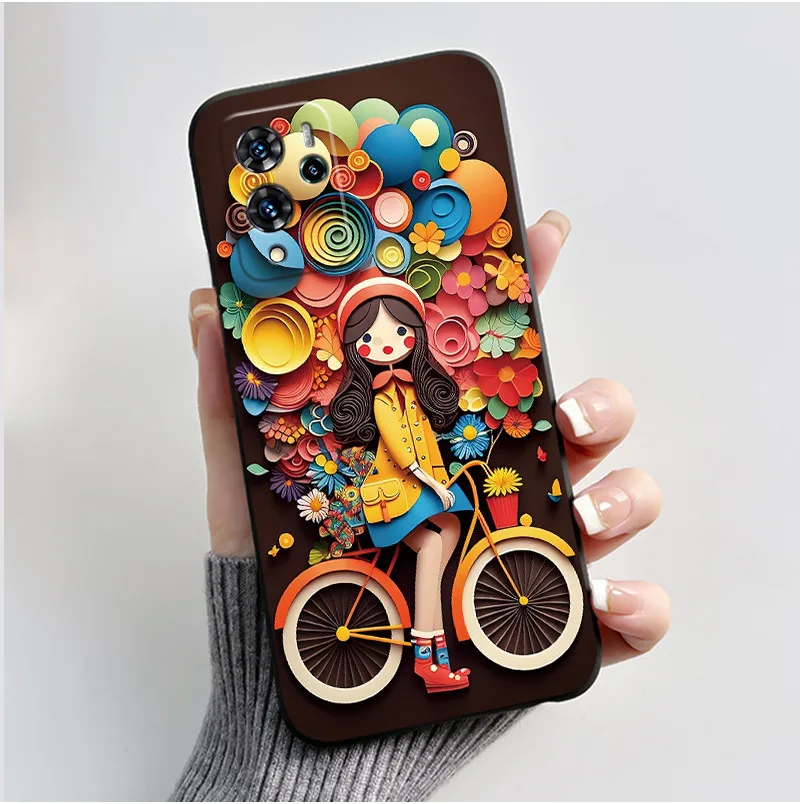 Aesthetic Pattern Black Silicone Phone Case - Love, Goldfish, & Rabbit Design, Shockproof Protection