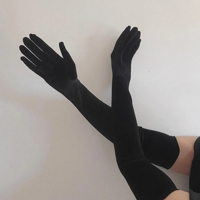 Women Velvet Long Autumn Winter Warm Black Evening Dress Etiquette Gloves Retro Style Banquet Accessories Elasticity Mittens