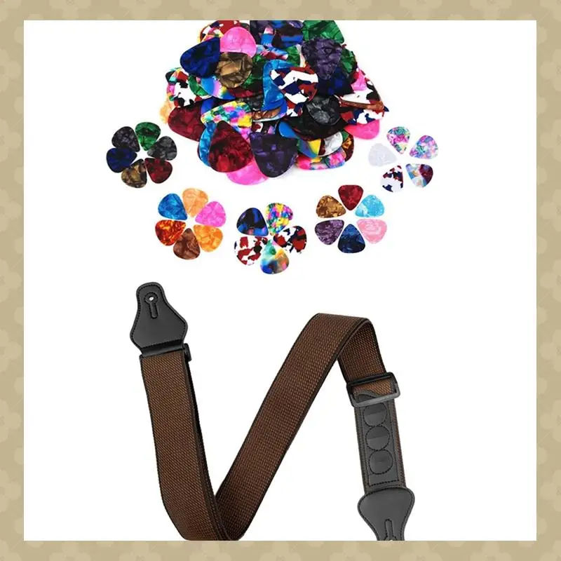 ABST 60 Pcs Colorful Guitar Picks, 0.46Mm, 0.71Mm, 0.96Mm & 1Pcs Guitar Strap With 3 Pick Holders For Bass Electric (Coffee)