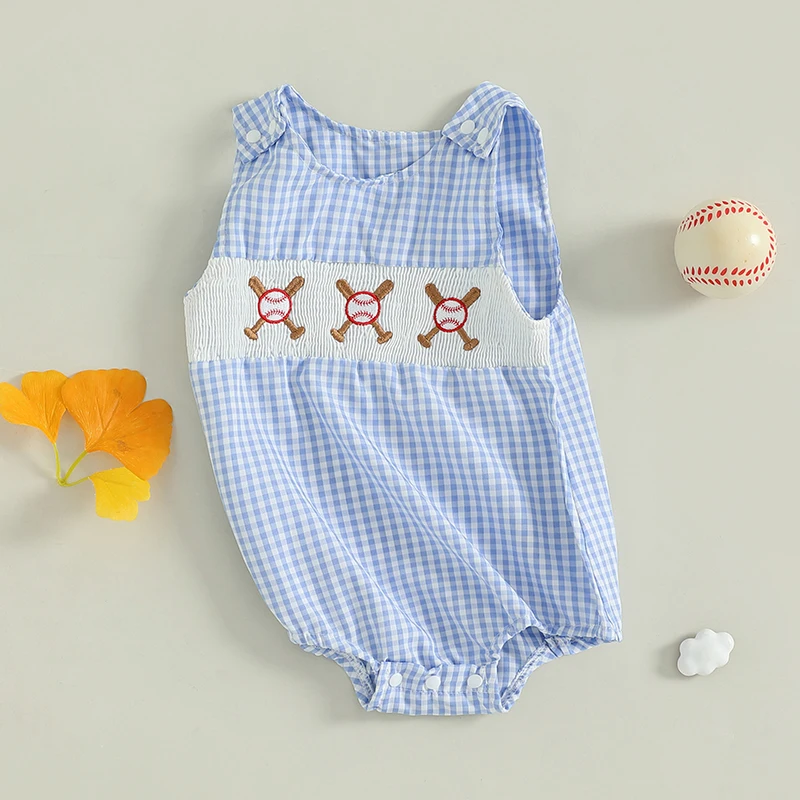 Summer Baby Clothes Newborn Boy Girl Smocked Bubble Romper Baseball Plaid Overall Infant Jumpsuit Outfit 4