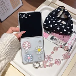 Luxury 3D Floral Crystal Glitter Phone Case with Chain - Shockproof Protective Cover - Galaxy Z Flip5 (With chain)