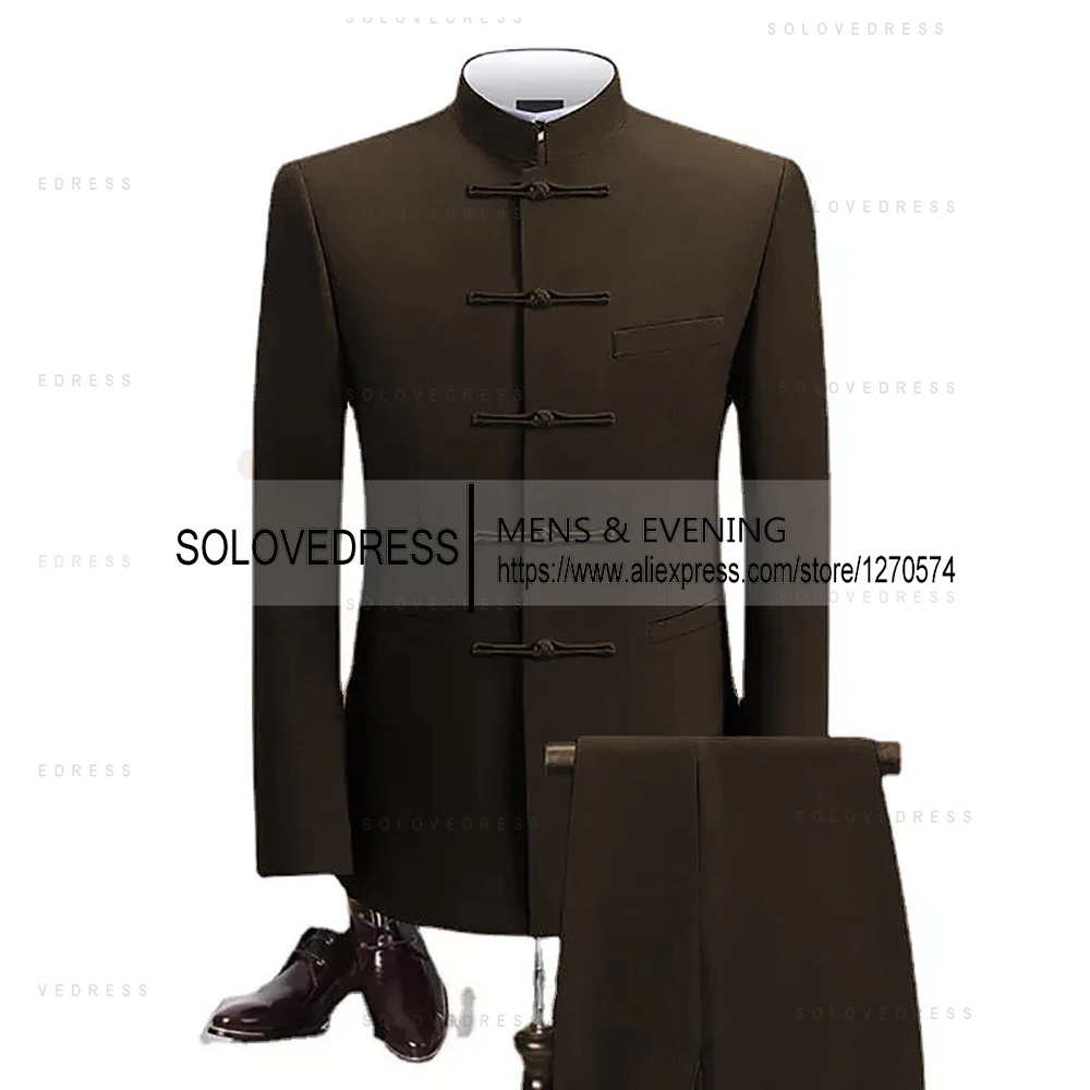2 Pieces Men's  Zhongshan  Collar Chinese Tunic Suit Formal Suits Single Breasted  Groomsmen Wedding Tailored Fit (Blazer+Pants) 3