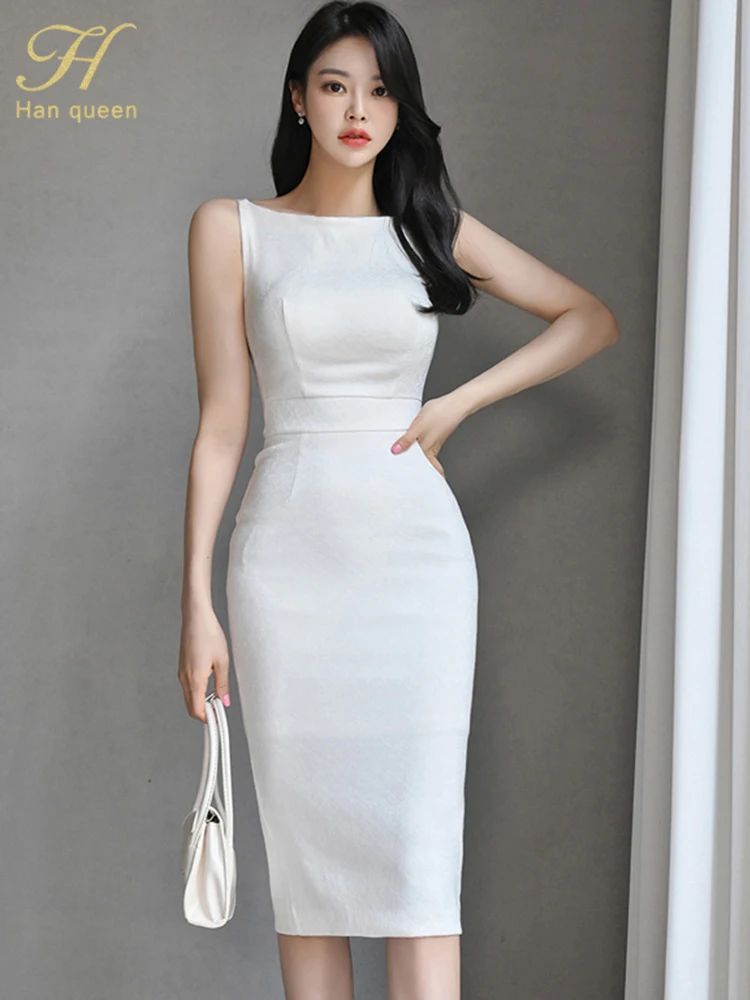 H Han Queen New Woman Clothing Slim White Sheath Pencil Summer