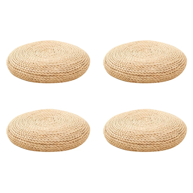 

4X Round Natural Pouf Hand-Made Weaving Cushion Fill The Silk Floss Pillow Soft Yoga Chair Seat Mat Tatami Window Pad(B)