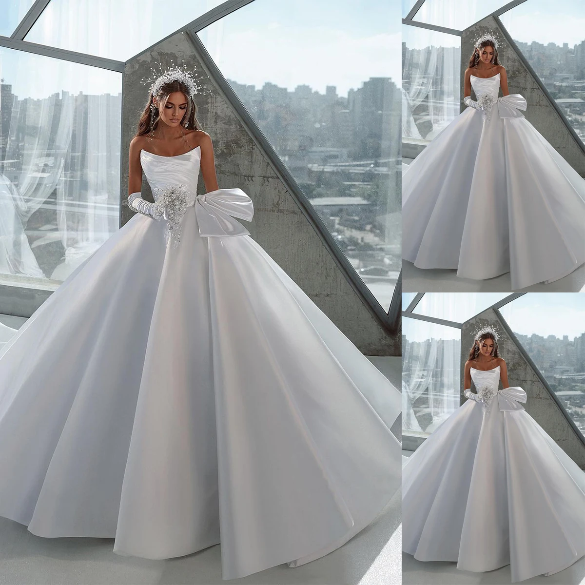 

Elegant Pretty Ball Gown Wedding Dress For Women Bow Stain Bridal Gown Sleeveless Skirt Sweep Train Dresses
