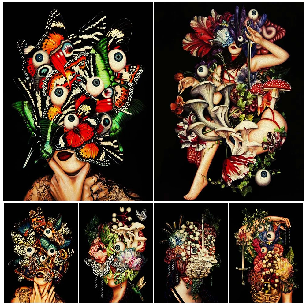 Цветы, глазные яблоки, сердца, мозги, уборка женщины Готическая настенная живопись на холсте Ужасы цветы голова искусственное украшение