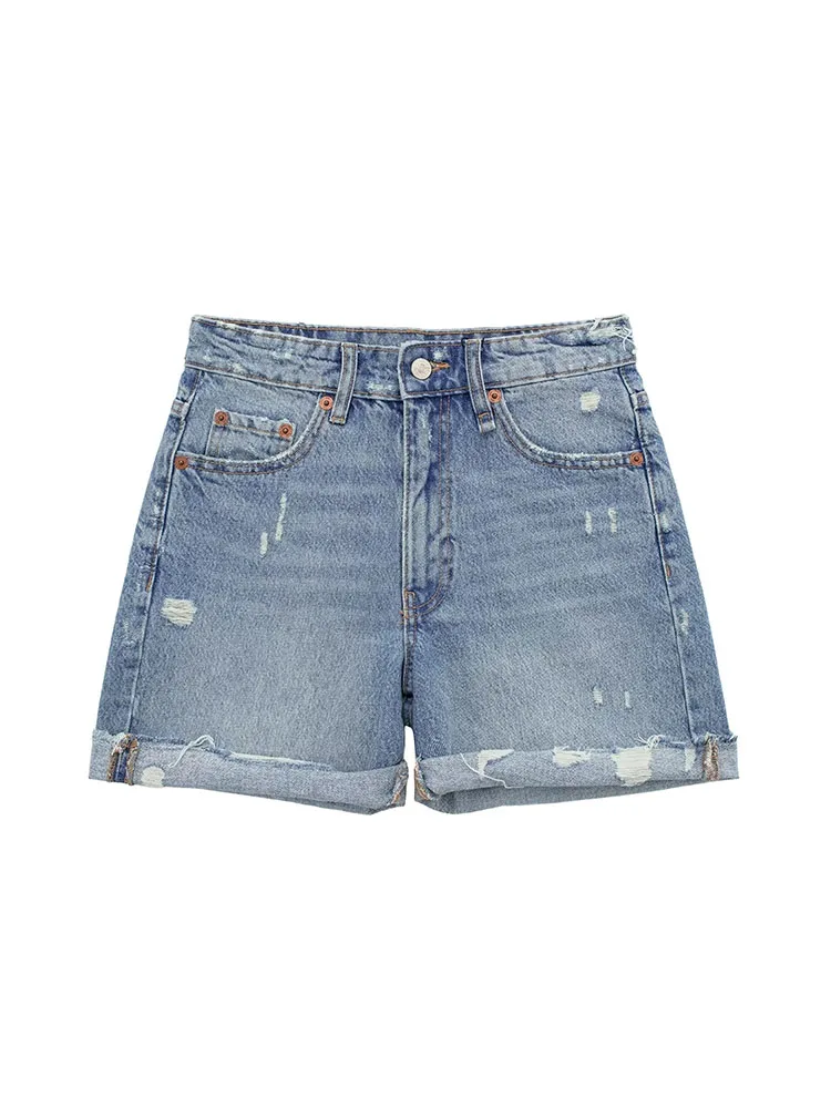 

TRAF 2023 summer new women's fashion all-match denim shorts chic roll pocket zipper casual shorts
