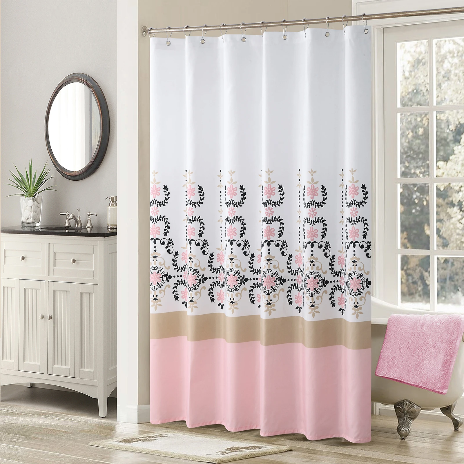 Yardley Kids Cute Pink Floral Polyester Waterproof Printed Fabric Colorful Decoratived Lovely Flowers Shower Curtain