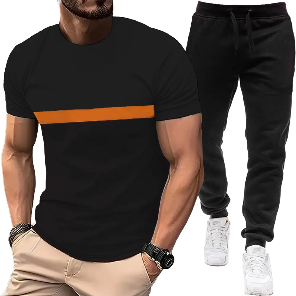새로운 유럽 및 미국 스타일 남성 컬러 블록 반팔 & 솔리드 경량 바지 세트, 캐..